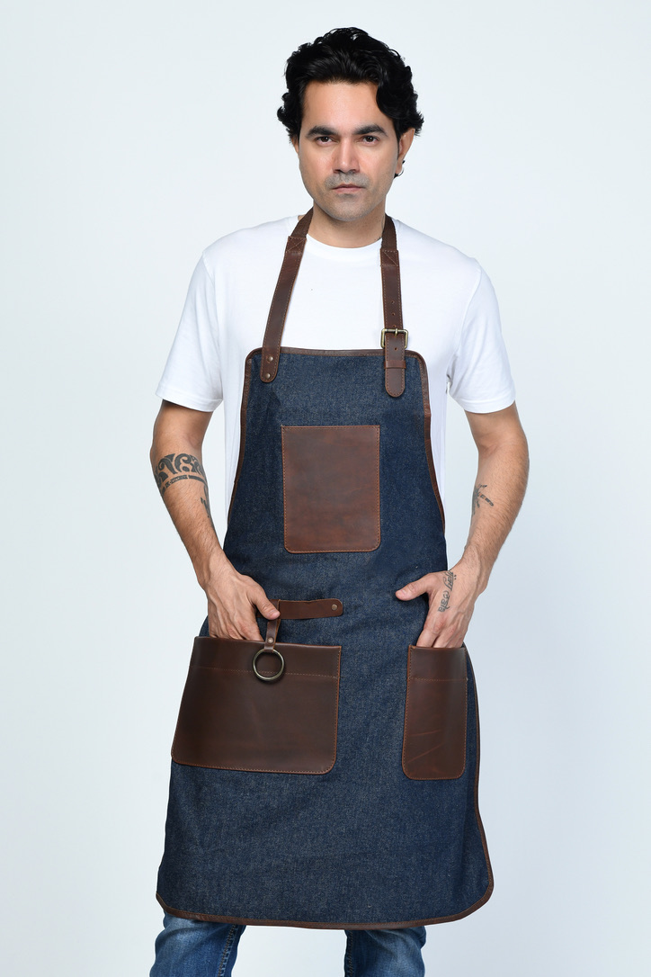 Men's All Purpose Apron in Natural Leather and Denim