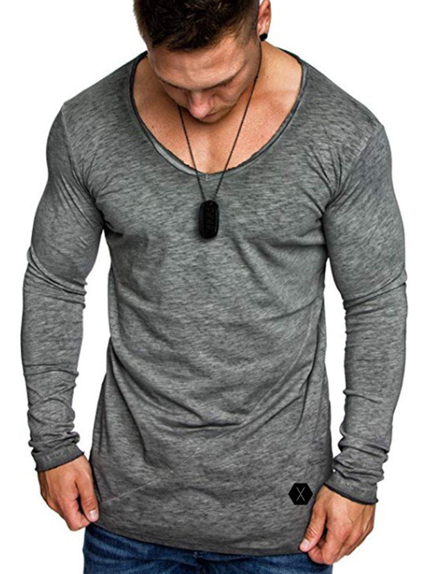 LALLC Men's Sports Long Sleeve Round Neck Slimming Muscle Plain