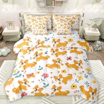 Manfei Kawaii Dalmatian Pug Bedding Comforter Set 7 Pieces for Kids, Cartoon Dog Lover Full Bedding Set, Blossoms Flower Floral Reversible Fitted Sheet Flat Sheet, Breathable Home Decor