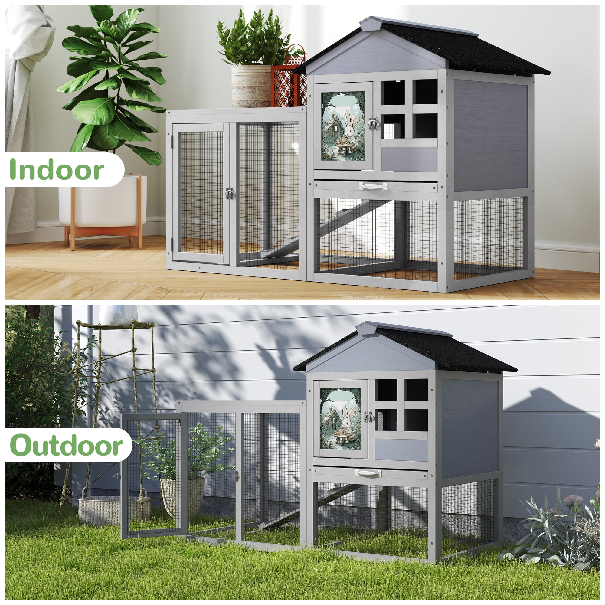 Coziwow Rabbit Hutch Small Animal Cage w/ Openable Roof Indoor&Outdoor, Gray