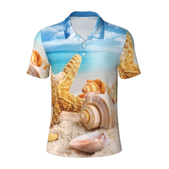 Kuqiui Mens Golf Polo Shirt Dry Fit Performance Sport Short Sleeve Golf Polo Shirts for Men-Beach Starfish Shell