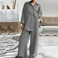 thumbnail image 2 of Ecqkame 2 Piece Outfits for Women Cotton Linen Long Sleeve Button Shirt and Flare Wide Leg Pants Streetwear Gray M, 2 of 5