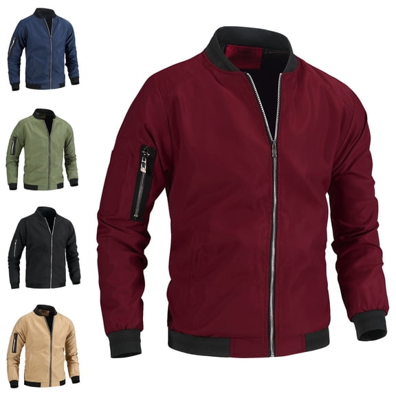 Zysthvn Athletic Mens Lightweight Jackets Winter Zip up Bomber Mens Outerwear with Pockets Long Sleeve Solid Stand Collar Plus Size