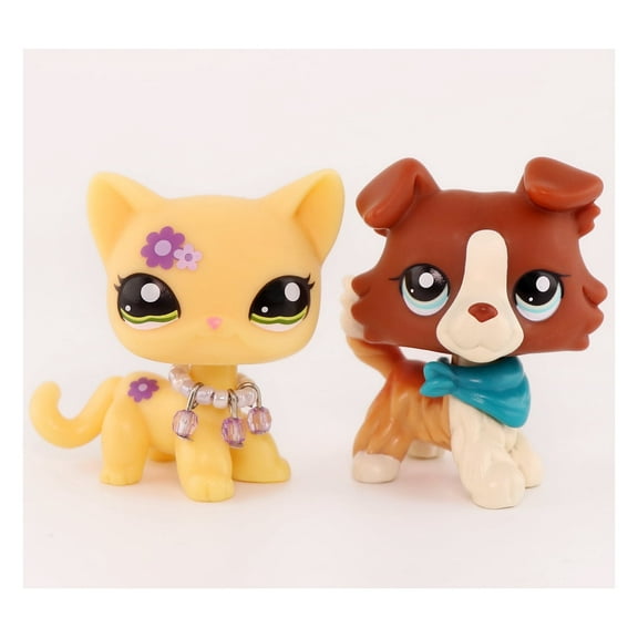 2pcs Little Pet lps Short Hair Cat #1962 Collie #1542 with Necklace Bandana Accessories