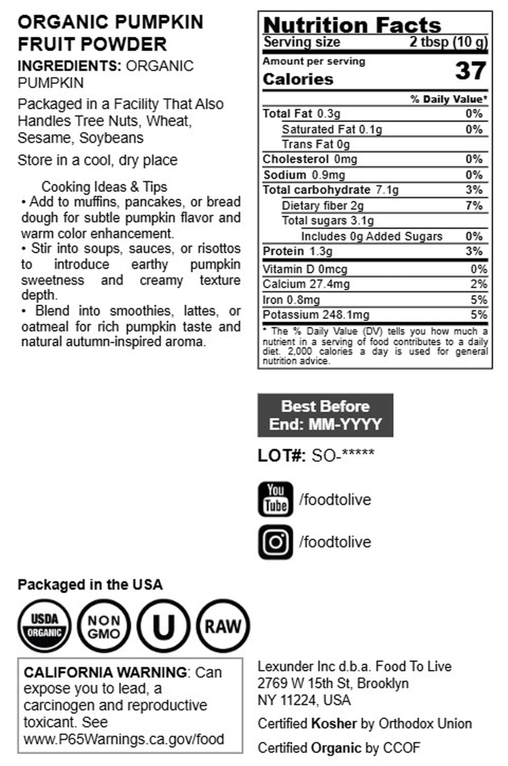 Organic Pumpkin Fruit Powder, 14 Pounds — Non-GMO, Vegan, Raw — by Food to Live