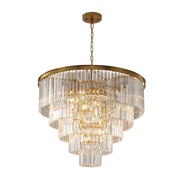 Design Living 15-Light D32" Five Tier Gold Frame Chandelier with Clear Hanging Crystals