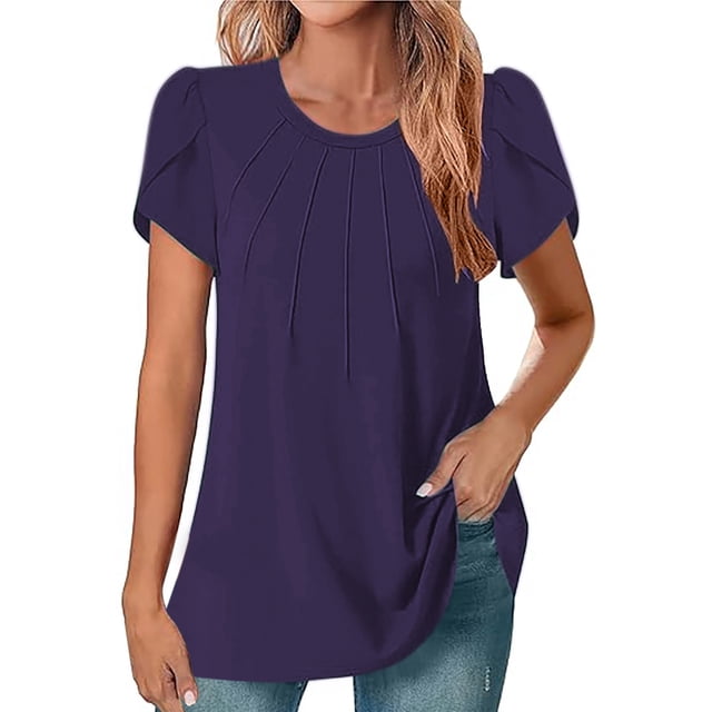 Plebaso Hauts d'Été pour Femmes Col Rond Manches Courtes Tee-Shirts Plissés Tunique Décontractée Blouses Amples Habillées