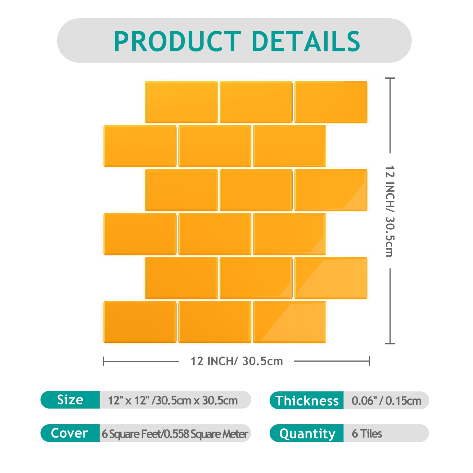 VEELIKE Yellow Subway Tile Peel and Stick Backsplash for Kitchen Waterproof 12"x12" 6 Sheets Yellow Wall Tiles for Bathroom Self Adhesive Vinyl Backsplash Tile Removable Stick on Tiles for Walls