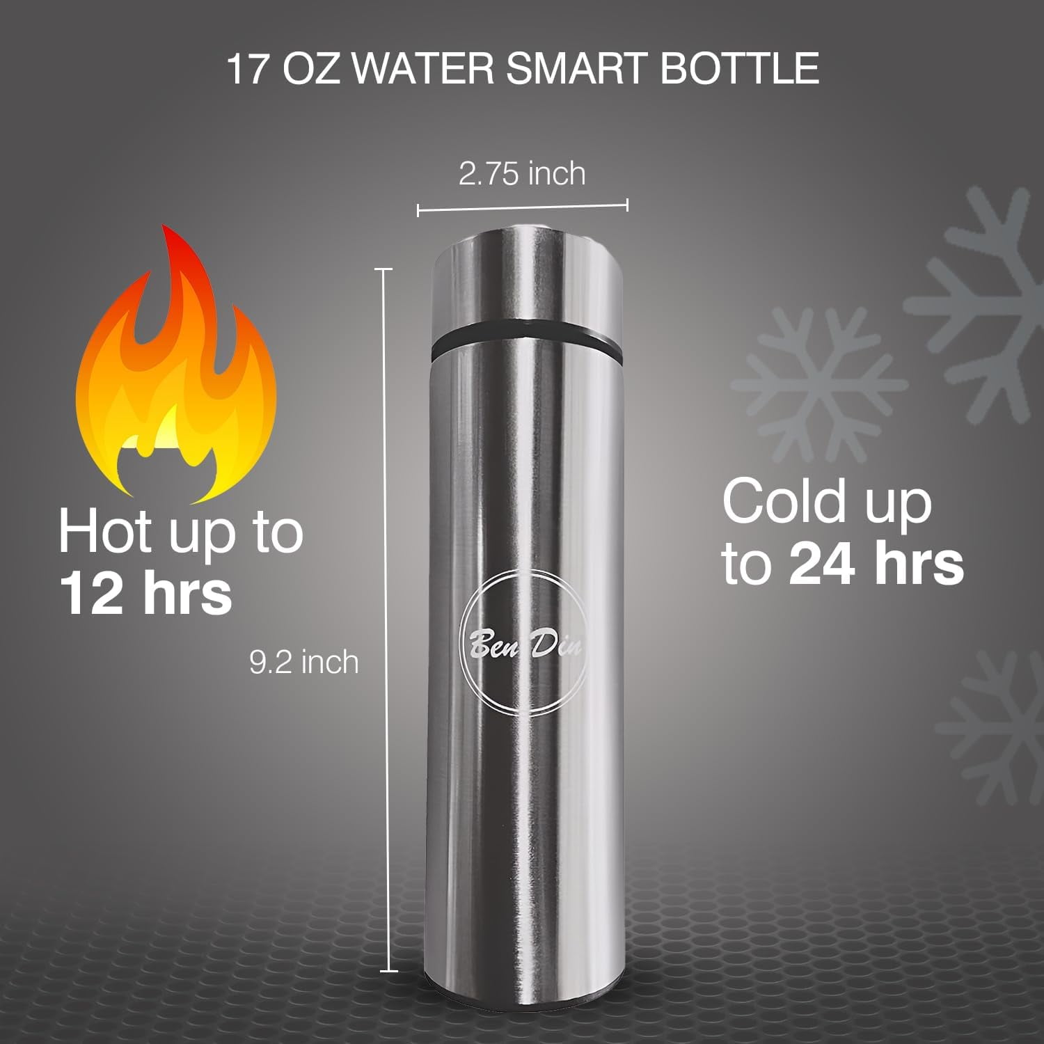 Ben DIN Coffee Thermos - Smart Sports Water Bottle with LED Temperature Display, Black