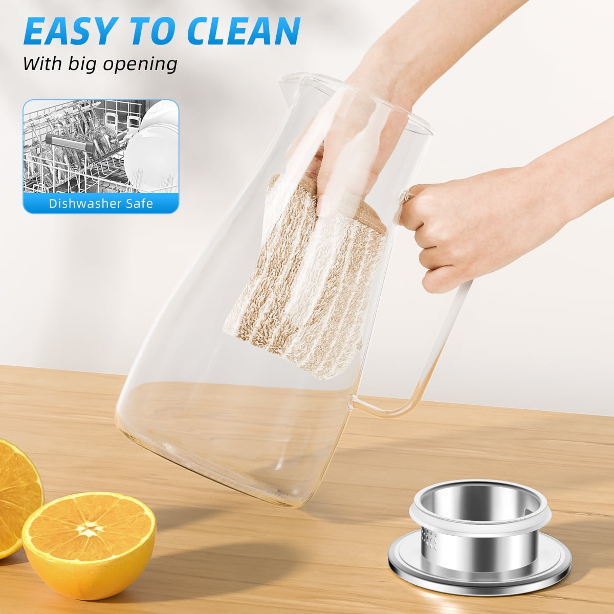 64 oz Glass Pitcher with Lid and Spout, 1.8L Heat & Cold Resistant Glass Water Carafe with Handle for Hot/Cold Water, Easy to Clean Large Drink Pitcher for Cold and Hot Beverage