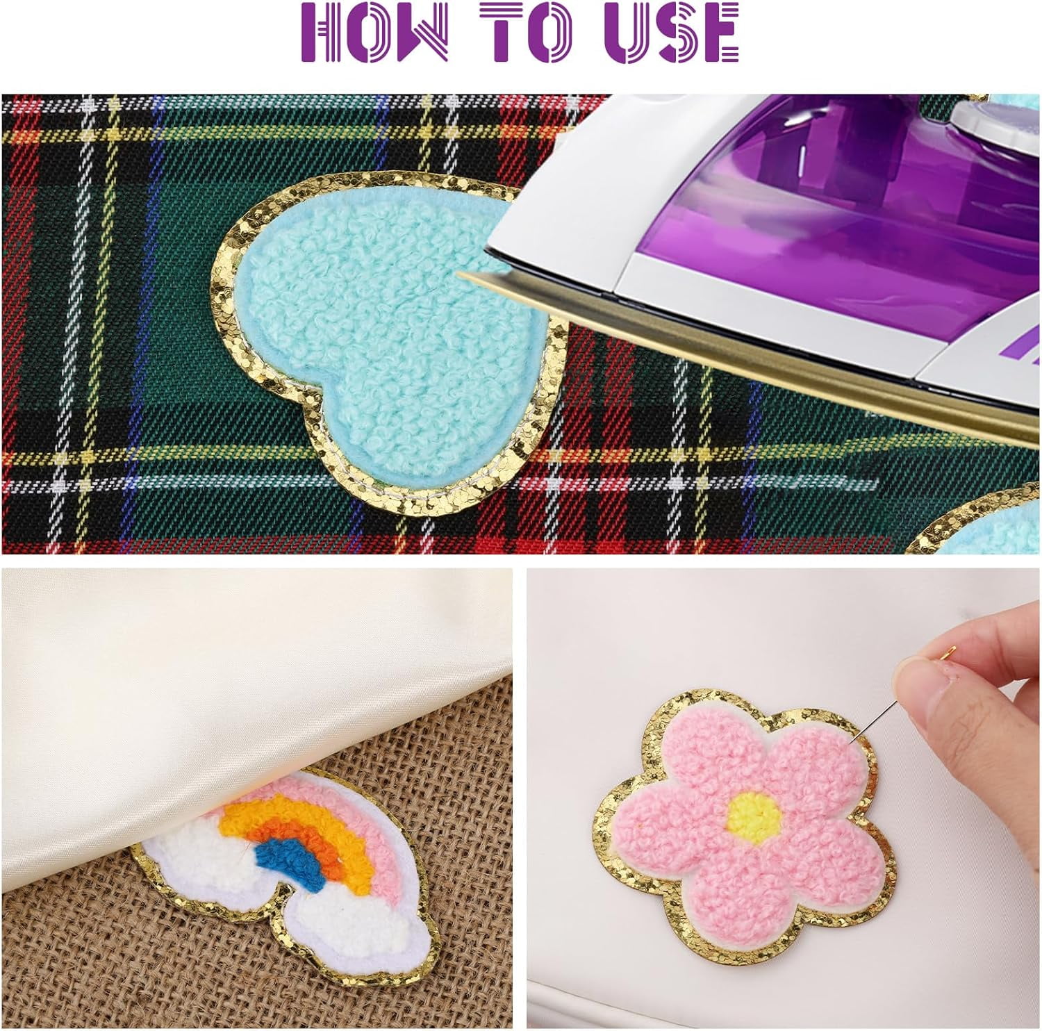 60 Pcs 6 Styles Heart Flower Rainbow Erembroidered Patch Sticker for Clothing Castle Polyester Embroidery Applique Patch Letter Iron On Patches for Jeans Jacket Clothes Sewing Colorful