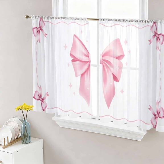 Valentine's Day Sheer Curtains 45 Inch Length 2 Panels Set Window Treatments, Pink Bowknot Ribbon Modern Minimalist Art Rod Pocket Semi Curtains for Living Room/Bedroom/Kitchen Décor, 104"W x 45"L
