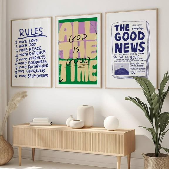 UNFFRAMED Set Of 3 Bundle, Modern Christian Art The Good News God Is Good Fruit Of The Spirit Biblical Scripture, Modern Wall Decor Set 3 Prints 8x12