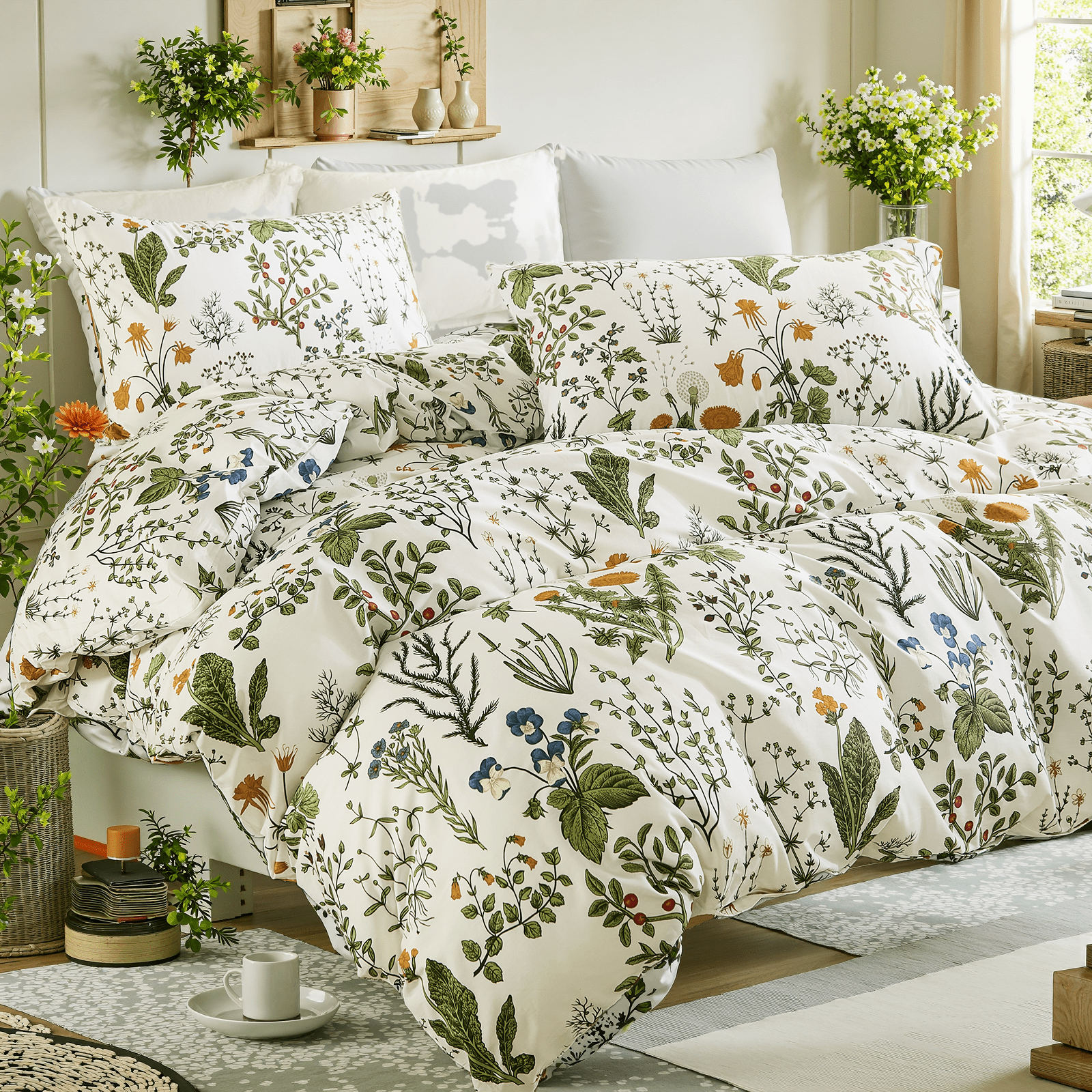 Duvet Cover - 100% Cotton Reversible Floral Duvet Cover Set with Zipper Closure, 3 Pieces Soft & Breathable Green Bedding Set for All Seasons