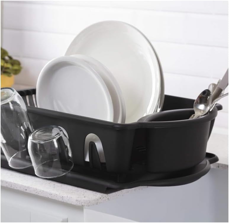 Dish Drying Rack, Heavy Duty Hard Plastic Drying Rack, Dish Drainer for Kitchen Counter with Drainboard Set, with Silverware Holder - 18 x 13 x 6 (Black), 1 Count