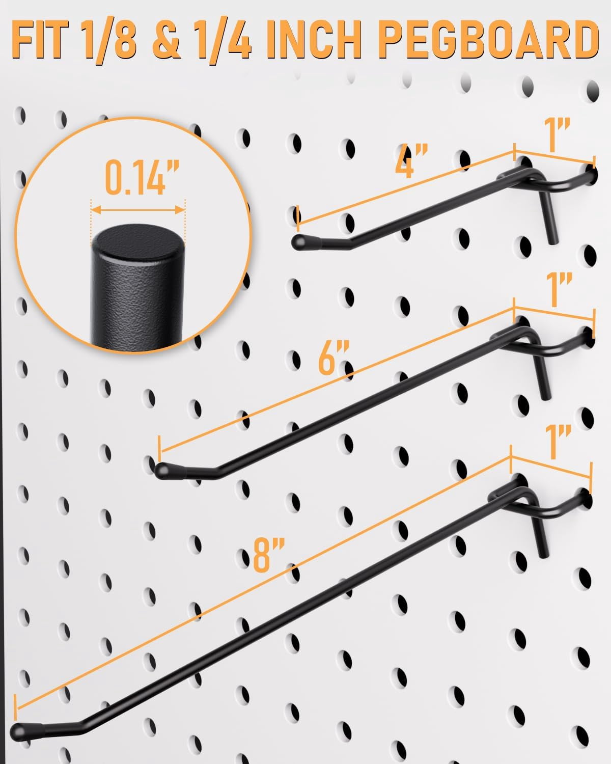 INCLY 120 pack Steel Pegboard Hooks, 4/6/8 inch Peg Board Shelving Hooks Accessories, Fit 1/8" & 1/4" Pegboard for Garage