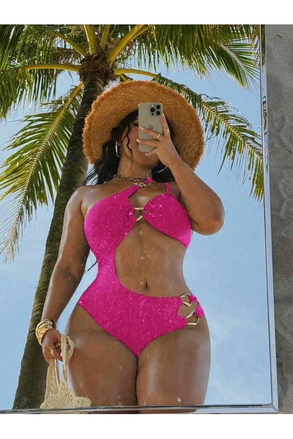 Hot Pink Cut-Out One-Piece Swimsuit With Metal Accents, Plus Size Resort Style
