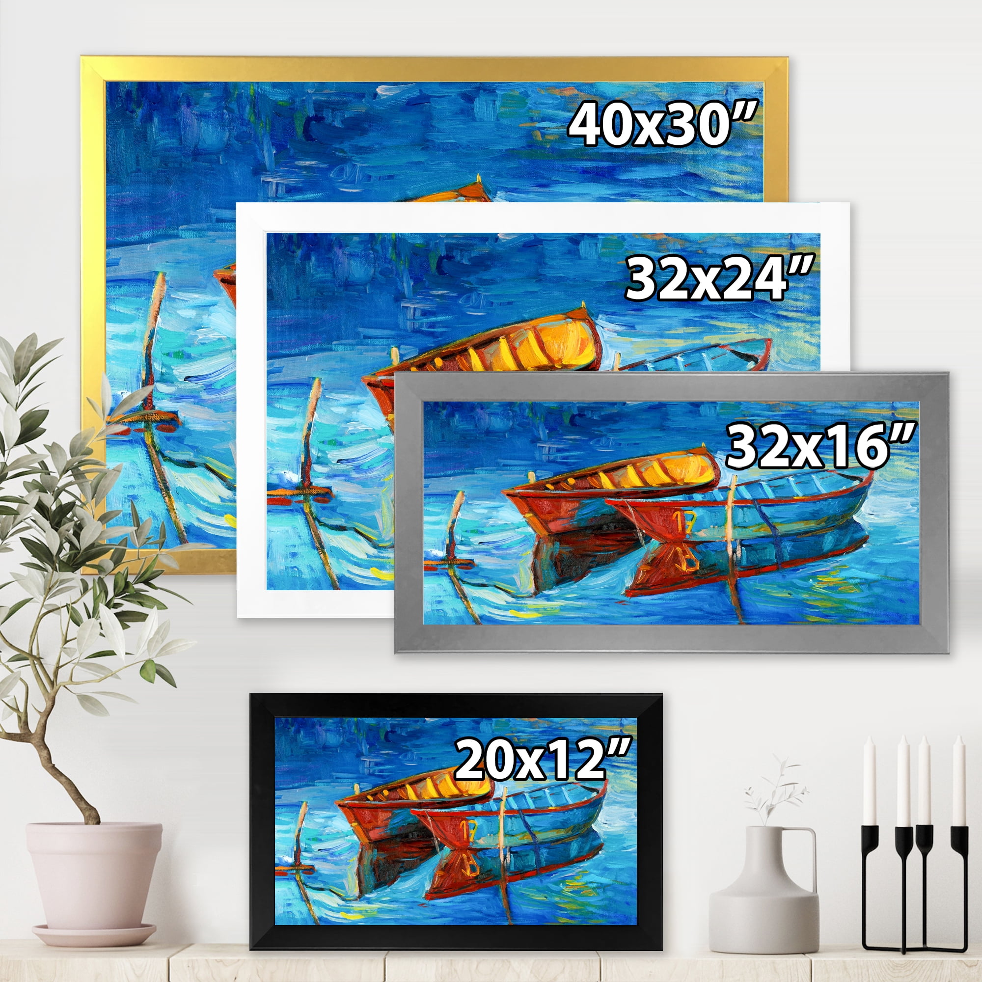 Boat At The Lake During Evening Glow III 32 in x 24 in Framed Painting Canvas Art Print, by Designart