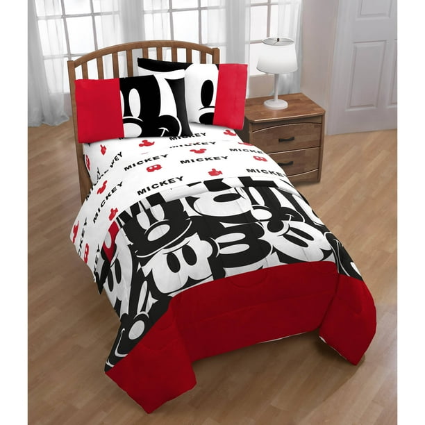Twin Size Mickey Mouse Red & Black Comforter & Sheet Set (4 Piece Bed in A Bag)