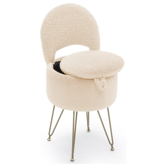 Vanity Stool Chair with Storage and Folding Back, 13"x13"x27.6" Faux Fur Soft Round Ottoman, Vanity Chair with Storage, Ideal for Bedroom, Living Room, and Makeup Stations,