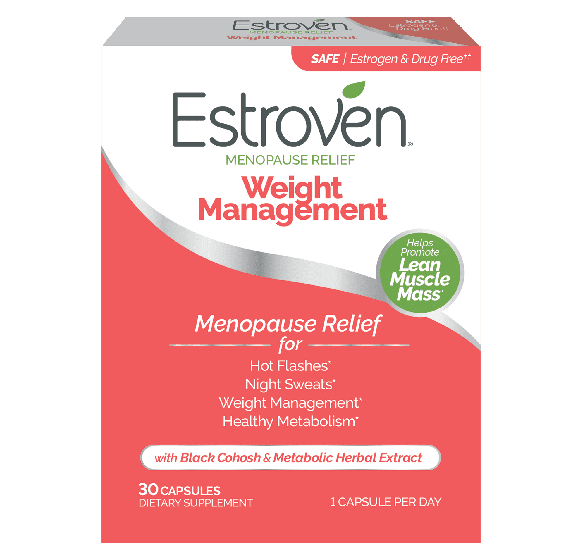 Estroven Menopause Relief + Weight Management, Hormone Free, 30 Ct