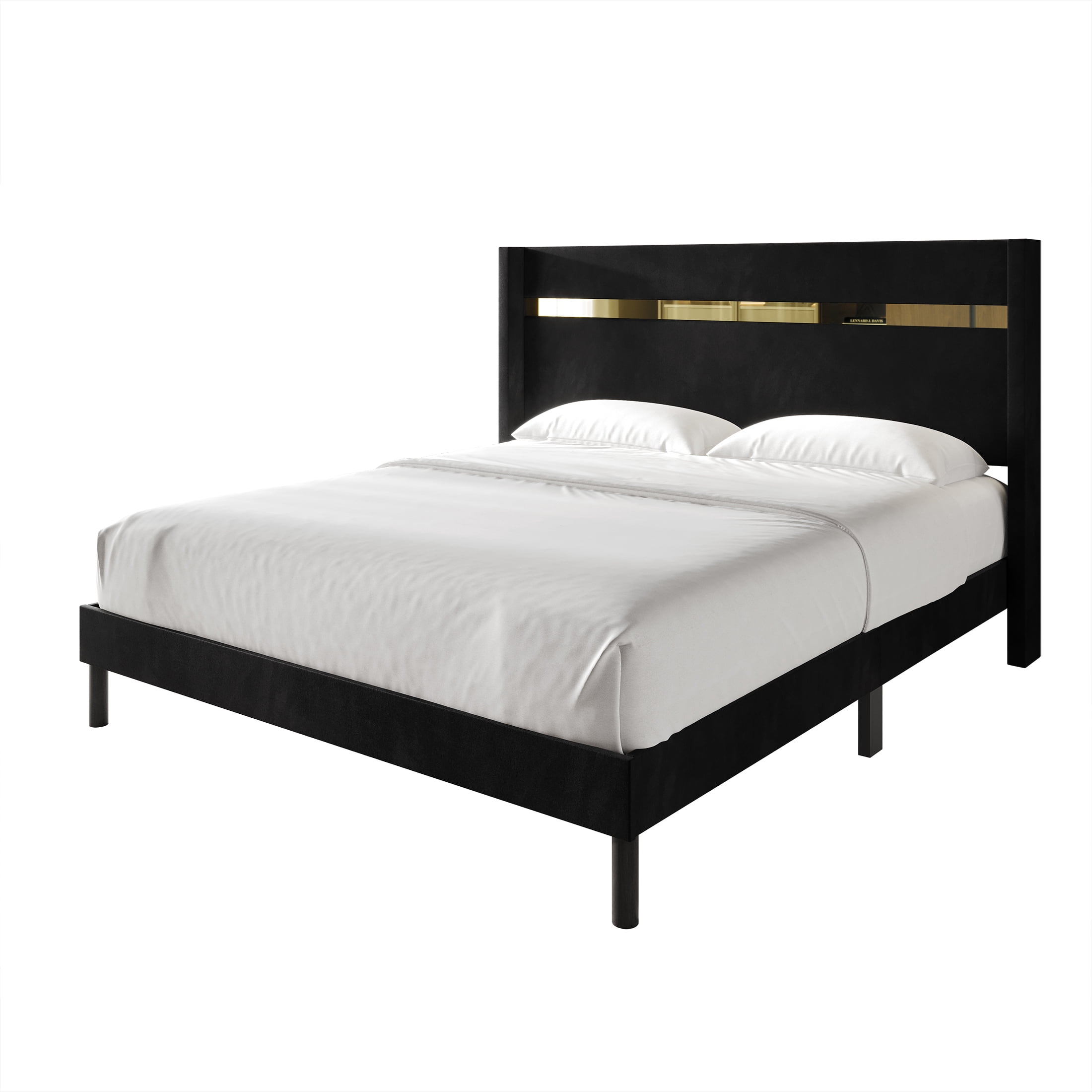 Castle Place Luxury Glam Velvet Wingback Queen Platform Bed with Gold Acrylic Accents, Black