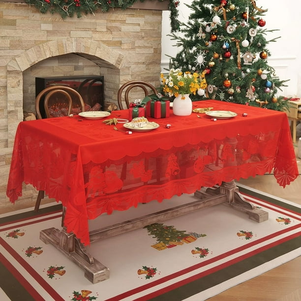 CaiYueKe Christmas Lace Rectangle Tablecloth 87 Inch, Holiday Festival Floral Emboridered Table Cloth Santa and Snowflakes Pattern Sheer Cover Overlay for Kitchen Dining Room Party Table Decor