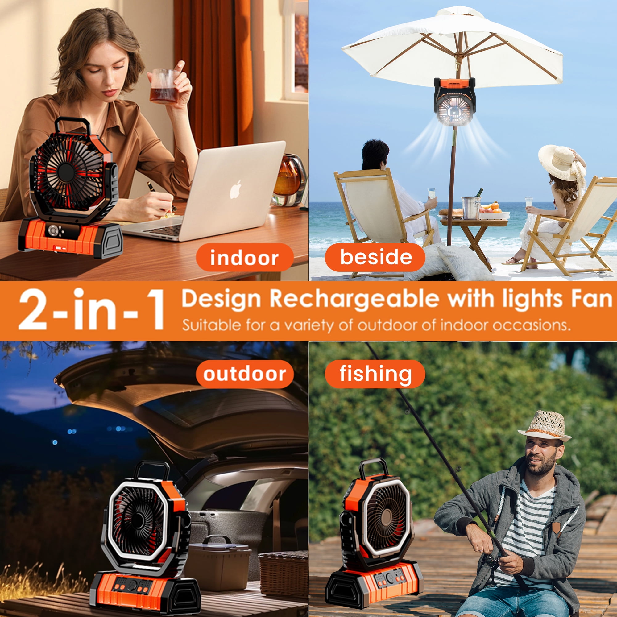 Acpouw Camping Fan with LED Lantern - 9 Inch Tent Fan, 20000mAh (60 Hour) Battery Fan, Self-Oscillating Cordless Fan, Tent Fan with Remote, 4 Speed, 4 Timers for Outdoor Camping