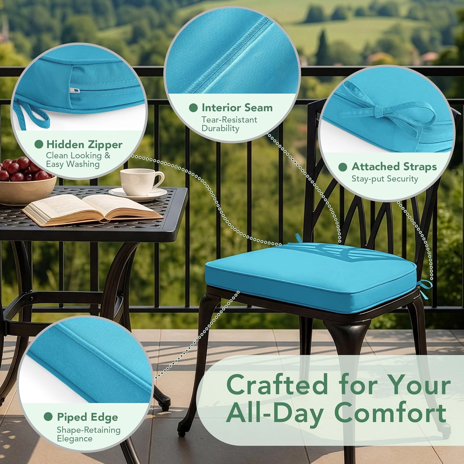 Outdoor Chair Cushions Set of 4: Waterproof & Fade Resistant Patio Furniture Cushions - 17 x 16 x 2 Inch Non Slip Round Corner Seat Cushion Pads with Removable Cover for Garden Yard Lawn, Teal