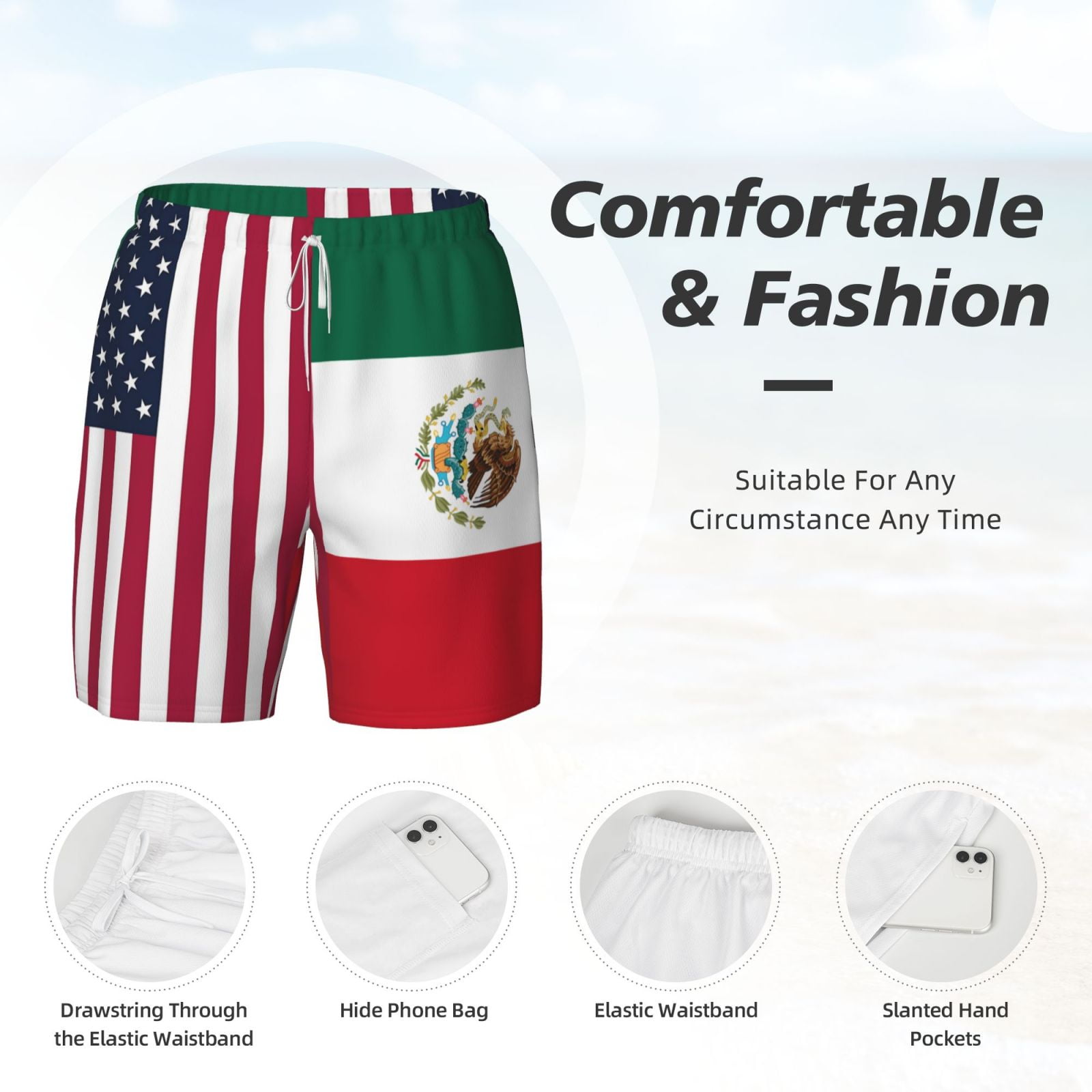 Men's America Mexico Flag Swim Trunks with Compression Liner Bathing Suit Swimwear
