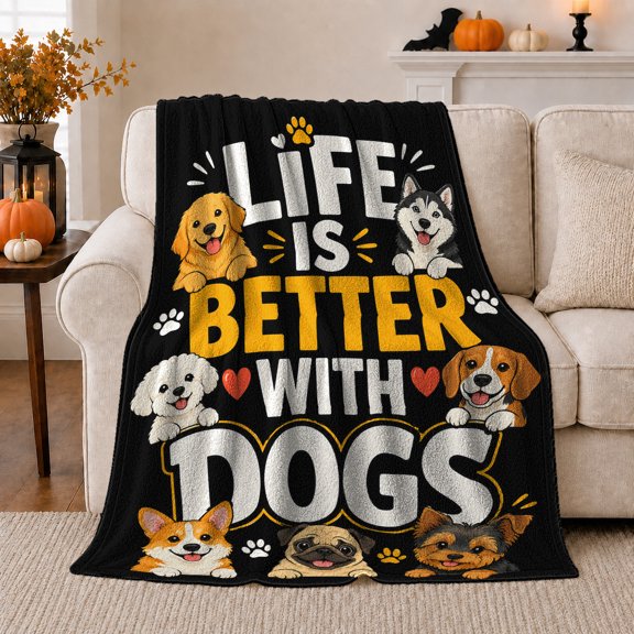 Life Is Better Dogs Quote, Playful Pet Portrait Pattern, Warm Flannel Blanket for Living Room and Reading Nook, Dog Lovers Friendship Gift, Pet Lover Home Decor