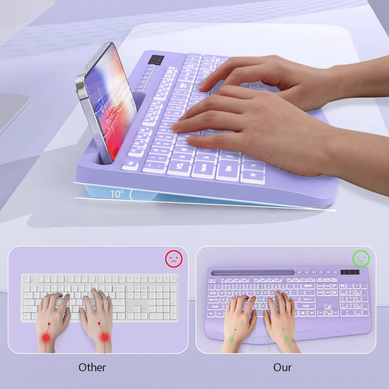 Wagpak Wireless Keyboard 7 Color Backlit Wrist Rest Rechargeable 112 Keys Quiet Keyboard-Purple