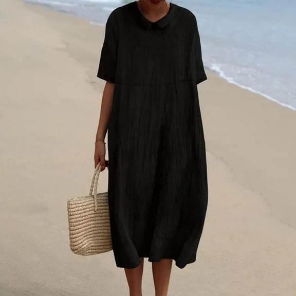 Sakmal Loose Fit Casual Summer Dresses for Women Solid Basic Black Comfort Fit Short Sleeve Long Shift Dress