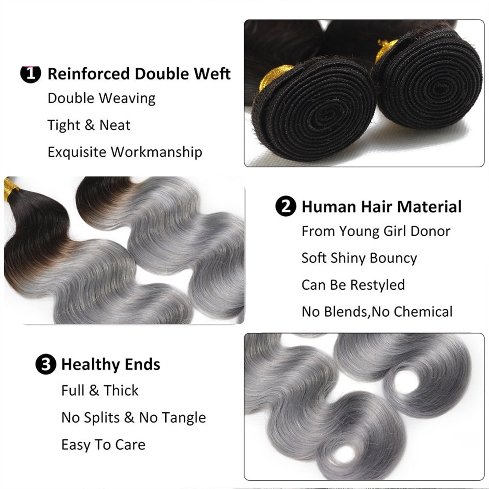 Silver Body Wave Bundles 100%Human Hair 1/3 PCS Ombre Grey Two Tone Hair Extensions Remy Human Hair Bundles