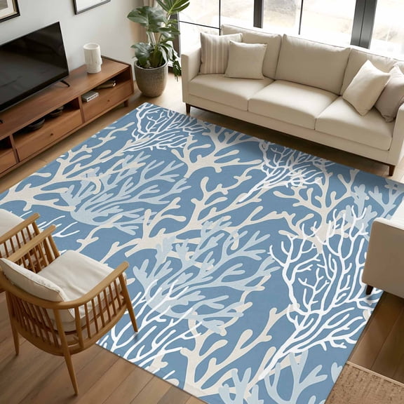 8x10 Area Rugs, Blue Coral Coastal Non-Skid Rubber Backing Large Rectangle Rugs - Living Room Bedroom Home Office, Ocean Nautical Seaside Beach Indoor Floor Mat Carpets Washable Rug