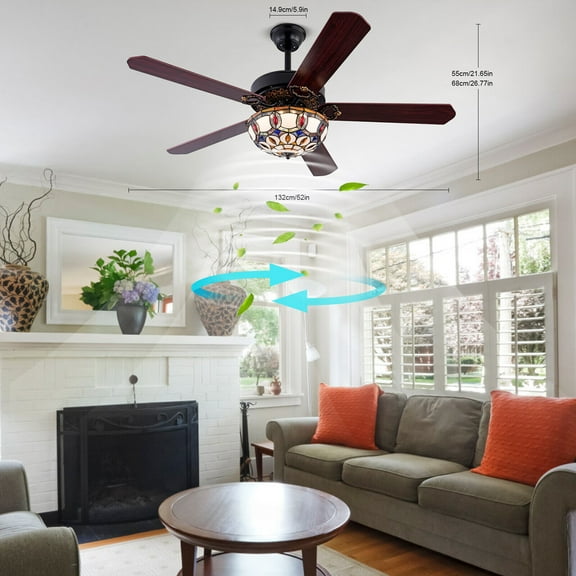 52'' Tiffany Ceiling Fan With 3 Lights  remote Control Wooden Ceiling Fans