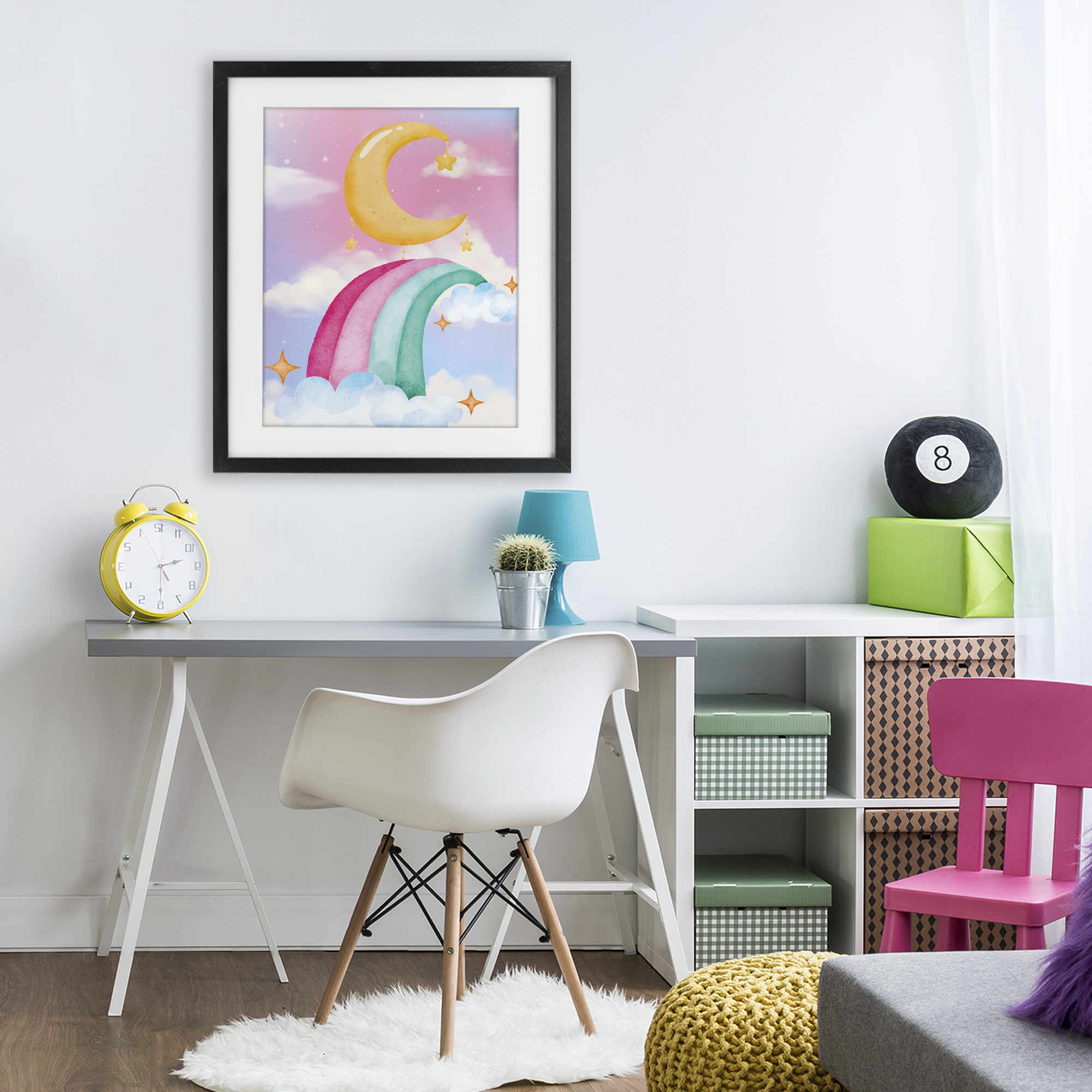 Moon Rainbow in Clouds Black Framed Print Under Glass, design by Jesse Keith