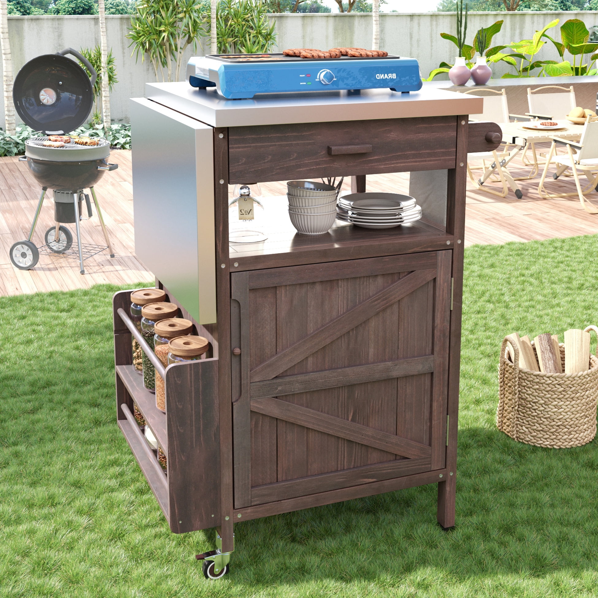 Outdoor Rolling Kitchen Island with Drop Leaf, 40.5" Solid Wood Outdoor Grill Table with Stainless Steel Top, Drawer and Towel Rack, Outdoor Storage Cabinet with Lockable Wheels (Brown)
