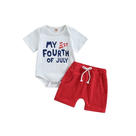 

Independence Day Baby Jumpsuit Set Summer Letter Printed Short Sleeve Romper and Elastic Waist Shorts