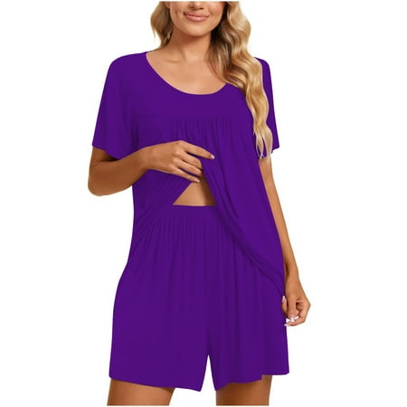 

ShomPort Lounge Set for Women 2 Piece Outfits Short Sleeve V Neck Pleated Pjs Sleepwear Soft Matching Set