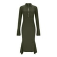 thumbnail image 4 of Roncen Women's Ribbed Knit Sweater Dress with Half-Zip Turtleneck and Flared Sleeves, Elegant Peplum Hem Midi Dress, 4 of 9