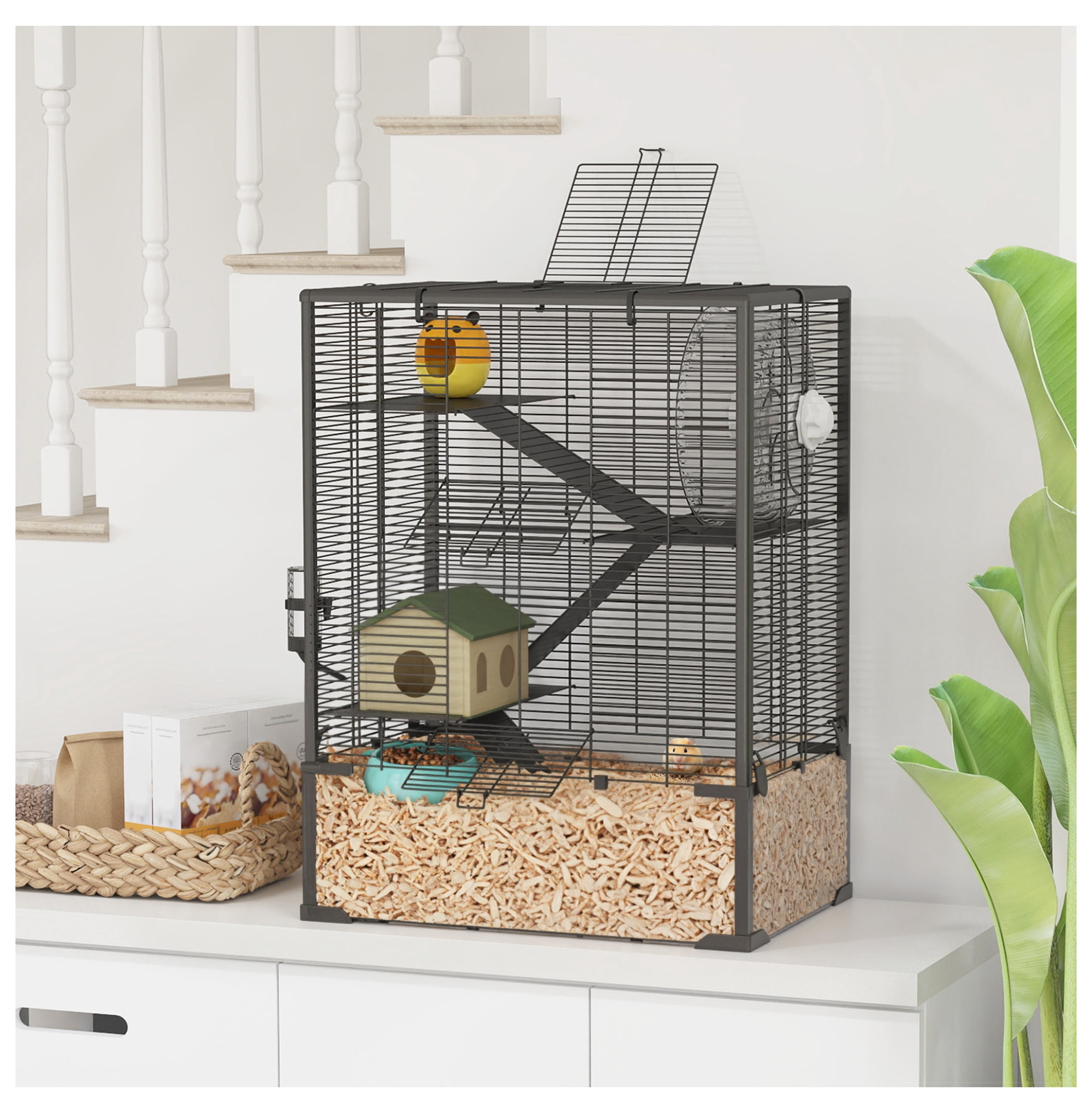 Hamster Cage 4 Tier with Tempered Glass Bottom, Running Wheel & Hut - Mice Rat Gerbil Habitat 24x16x31.5 Inch