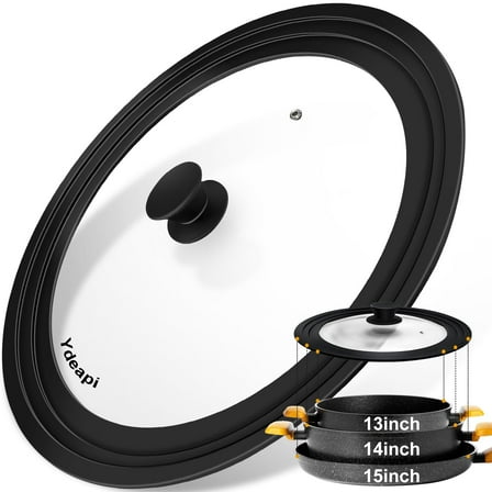 Ydeapi Universal Lids for Pots -  Fits 13", 14" & 15 inch Diameter Silicone Lids For Pots and Pans, Cookware, Skillets, Tempered Glass with Heat Resistant Silicone Rim, Dishwasher Safe