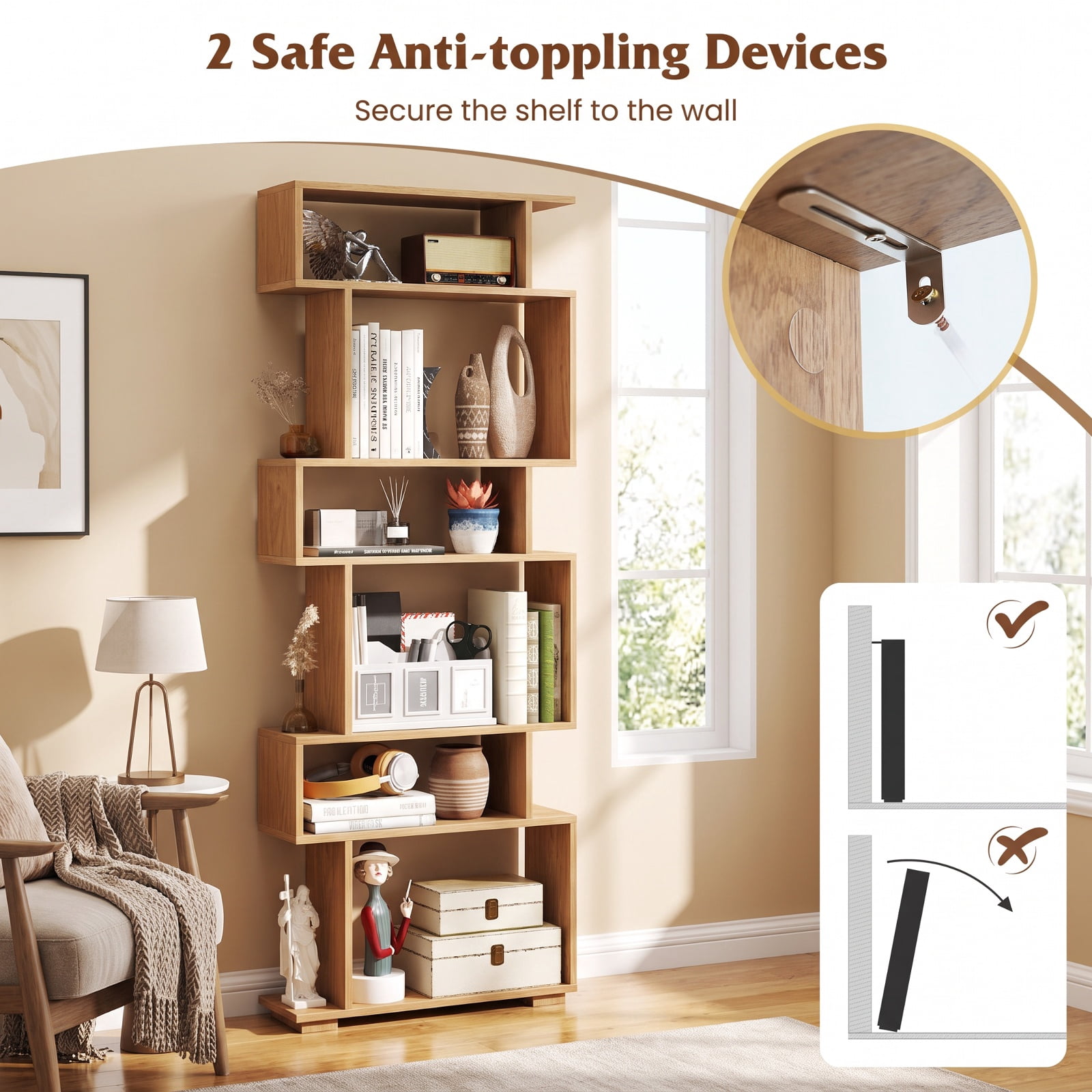 Furnibear 6-Tier Geometric Bookshelf with 2 Anti-Tipping Kits for Home Office for Living Room Home Office Bedroom Display Storage Shelf, Natural