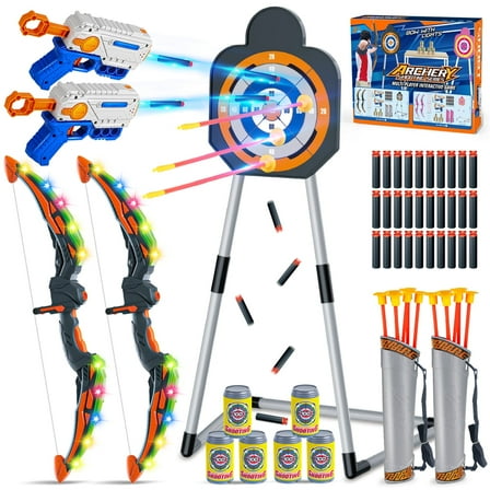 Hot Bee 2 in 1 Light-up Bow and Arrow Standing Shooting Targets Toys, Archery & Foam Dart, 2 LED Bows & 24 Arrows, Indoor Outdoor Shooting Game Christmas Toy Gift for Kids Ages 5-12
