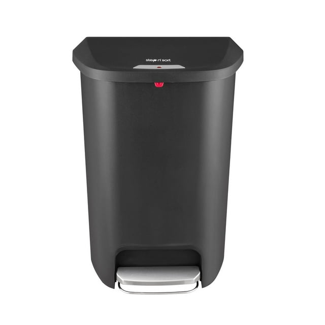 The Step N' Sort Tall 50L Plastic Trash Can with Steel Pedal and Secure Slide Lock