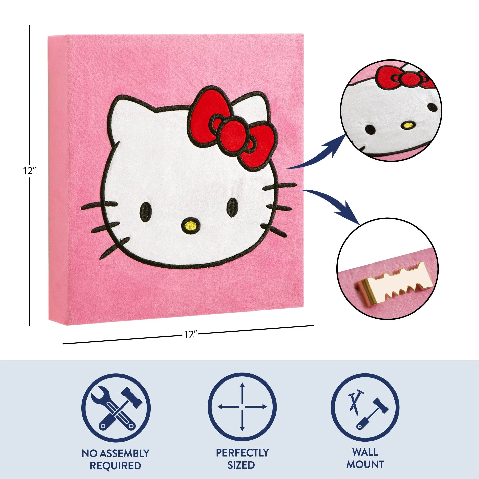 Sanrio Hello Kitty Plush Textured Wall Art for Kids, 12" x 12"