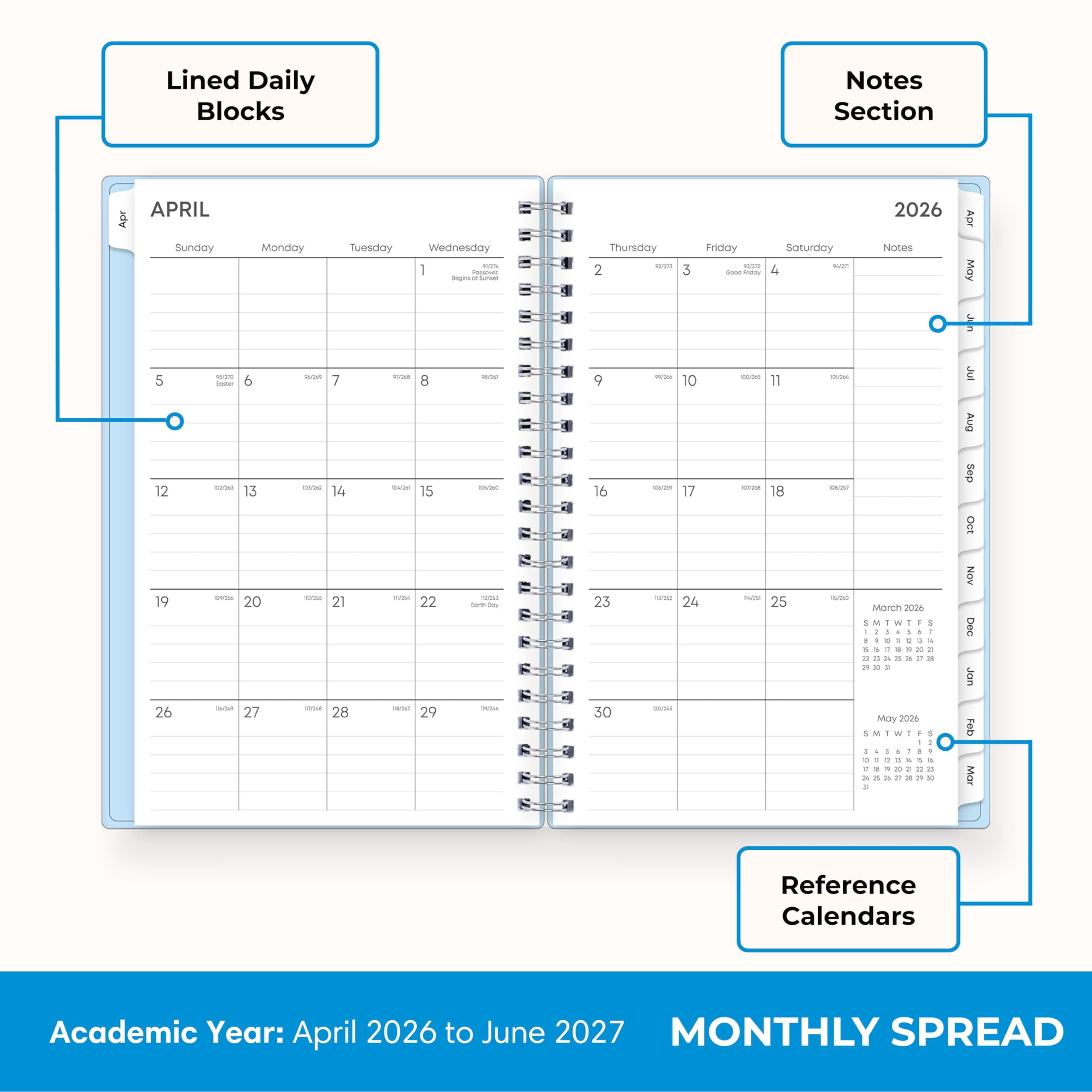 Blue Sky 2026-2027 Weekly and Monthly Academic Year 15 Month Planner Calendar, April 2026 - June 2027, 5" x 8", Flexible Cover With Pockets, Wirebound, Storage Pocket, Blues