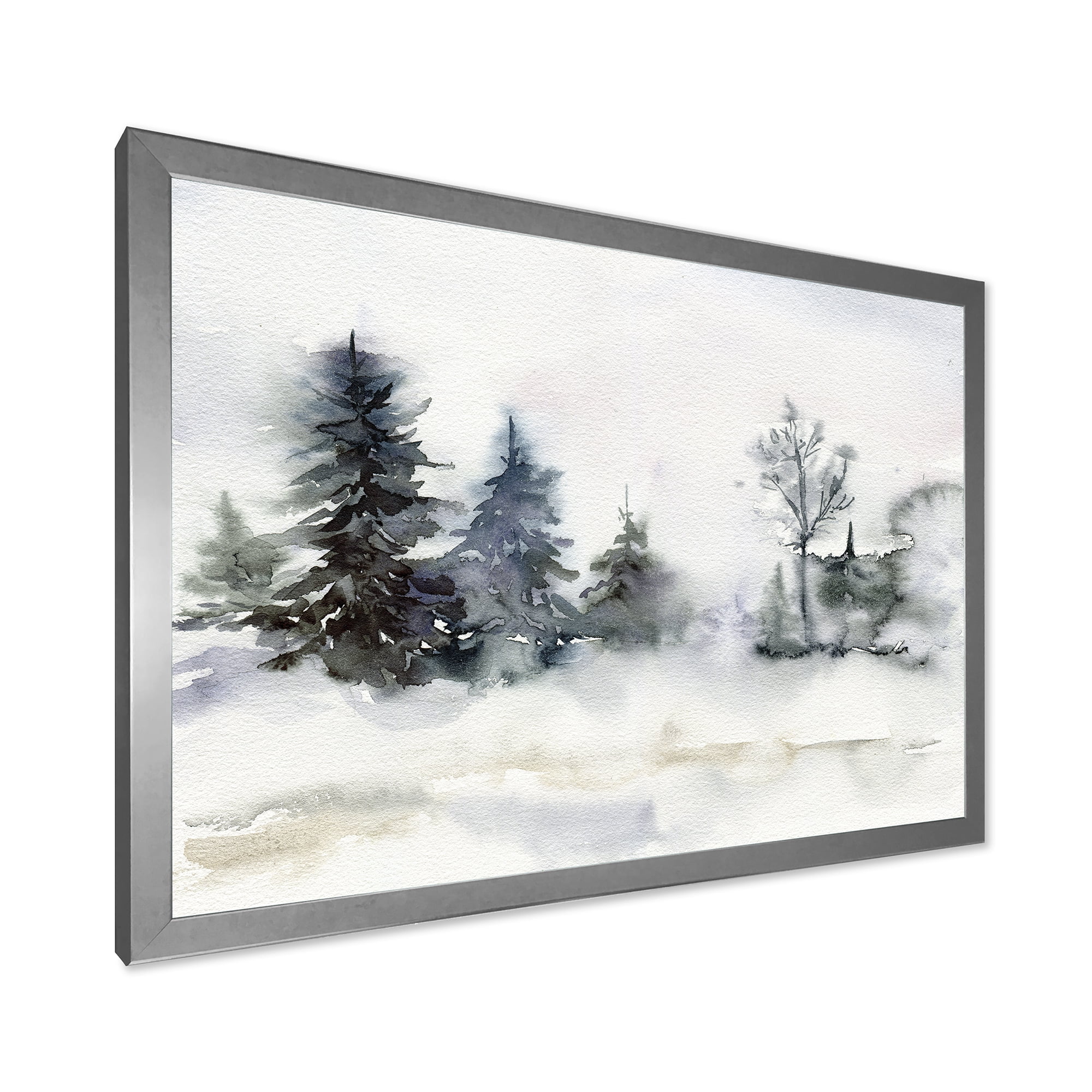 Designart 'Christmas Minimalistic Snow and Forest Landscape' Lake House Framed Art Print