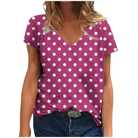 YeJammarp Cotton V Neck T Shirts Womens Loose Fit Elegant Retro Polka Dots Print Short Sleeve Casual Summer Tops (Medium  Purple 02)
